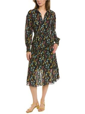 NWT Marchesa Notte Floral Black Long-Sleeve Midi tiered smocked waist Dress 12